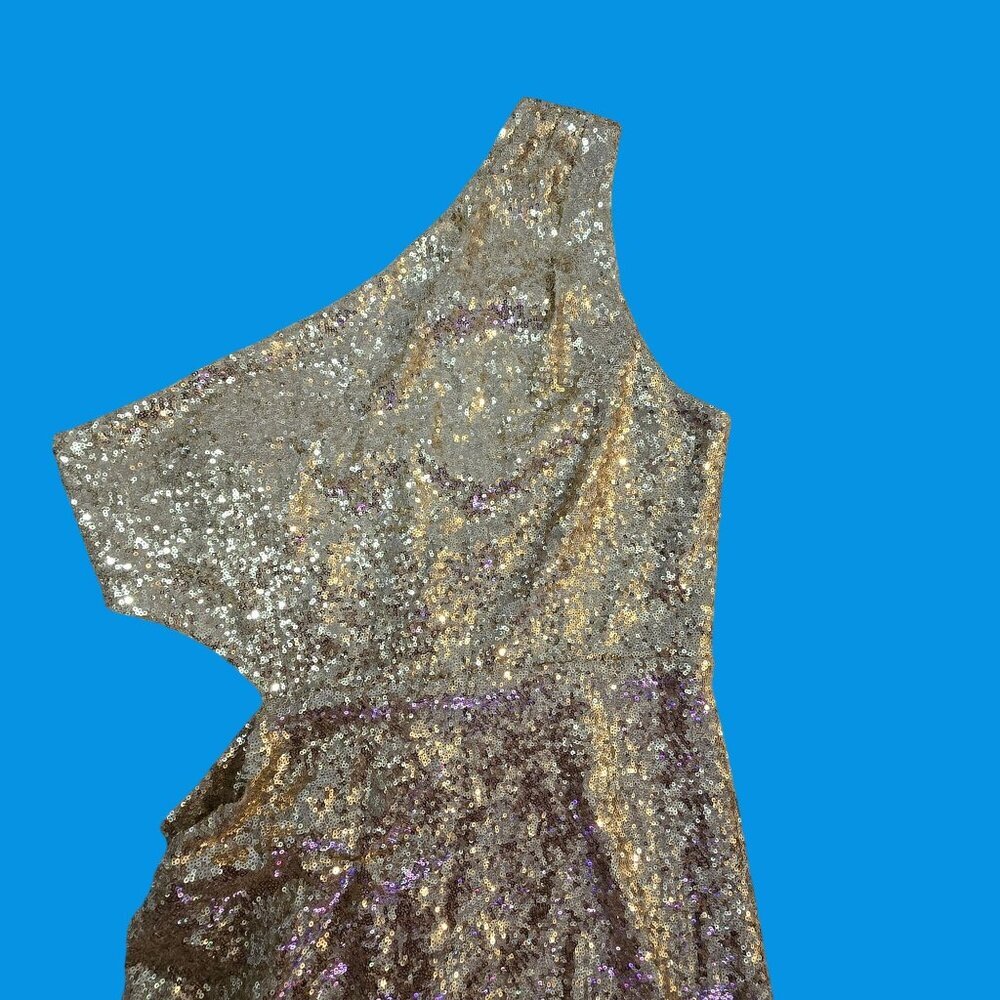BCBGMAXAZRIA Gold Sequin One-Shoulder Mini Draped Side Cutout XL Holiday Party - Picture 11 of 16